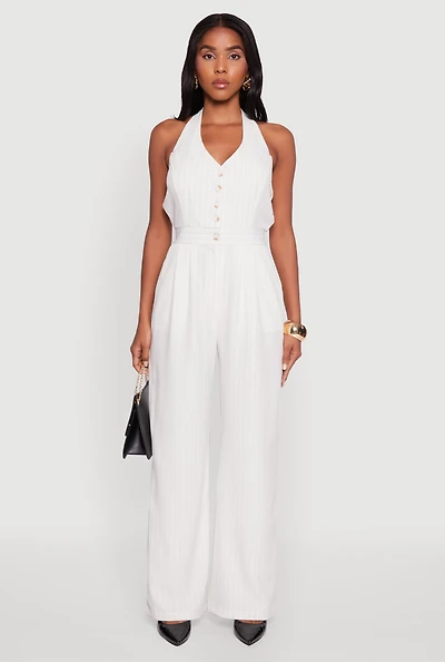 Womens Pinstripe Button Front Halter Jumpsuit, White, Size S
