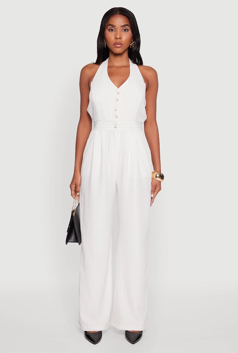Womens Pinstripe Button Front Halter Jumpsuit, White, Size M