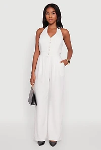 Womens Pinstripe Button Front Halter Jumpsuit, White, Size M