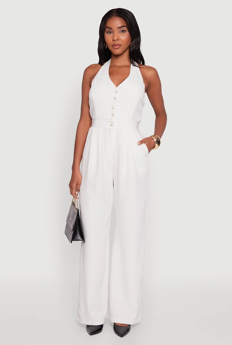 Womens Pinstripe Button Front Halter Jumpsuit, White, Size M