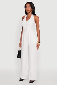 Womens Pinstripe Button Front Halter Jumpsuit, White, Size M