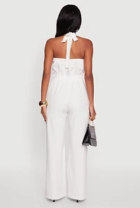 Womens Pinstripe Button Front Halter Jumpsuit, White, Size M