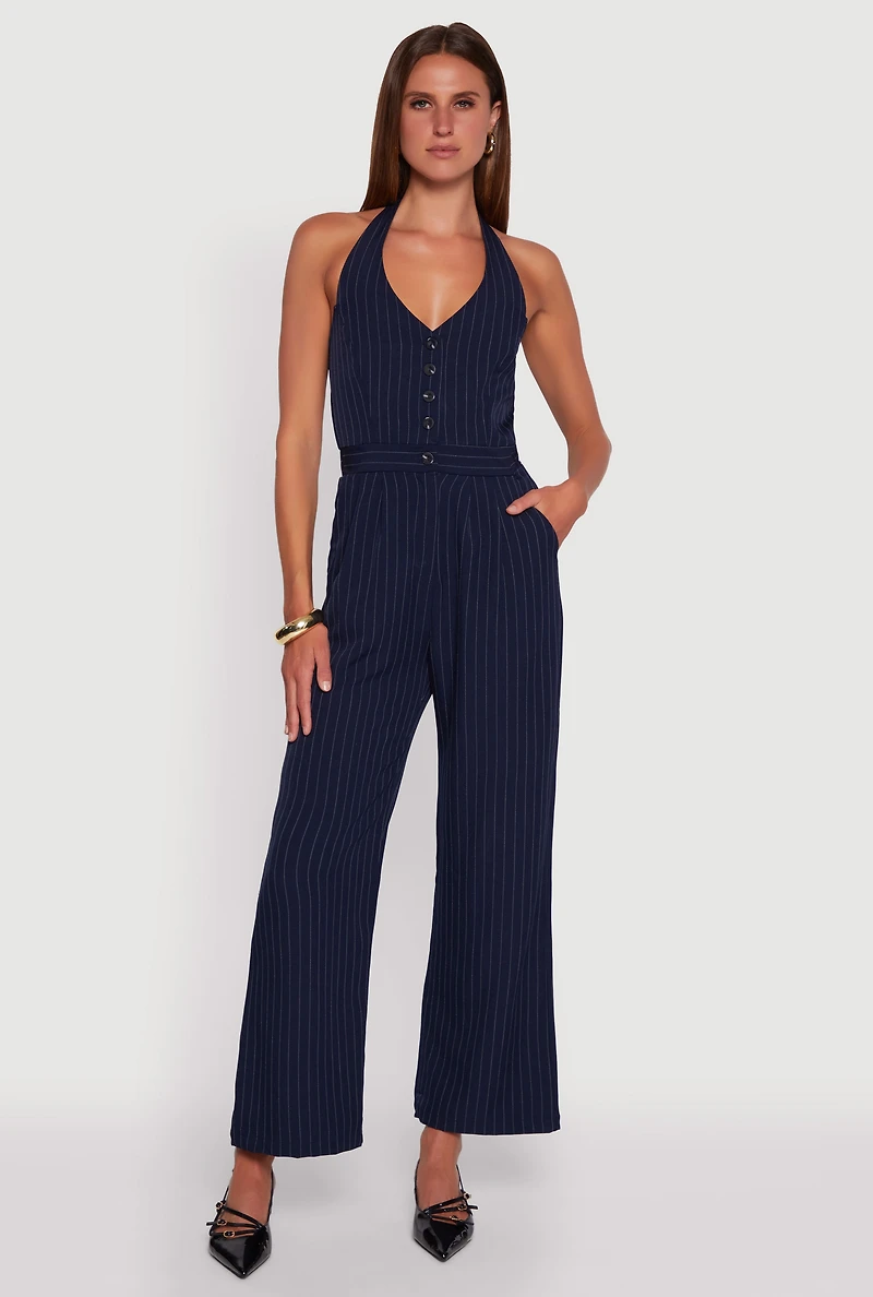 Pinstripe Button Front Halter Jumpsuit