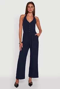 Pinstripe Button Front Halter Jumpsuit