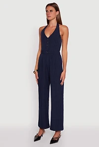 Womens Pinstripe Button Front Halter Jumpsuit,