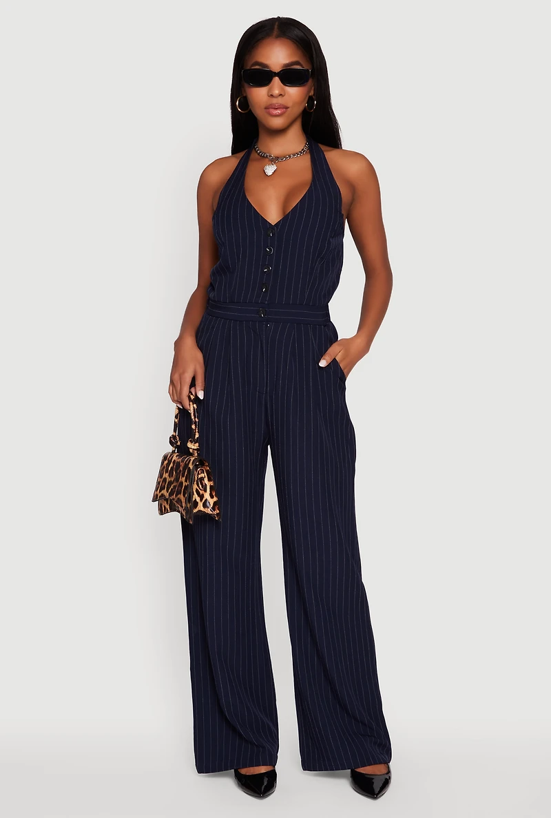 Womens Pinstripe Button Front Halter Jumpsuit, Blue, Size S