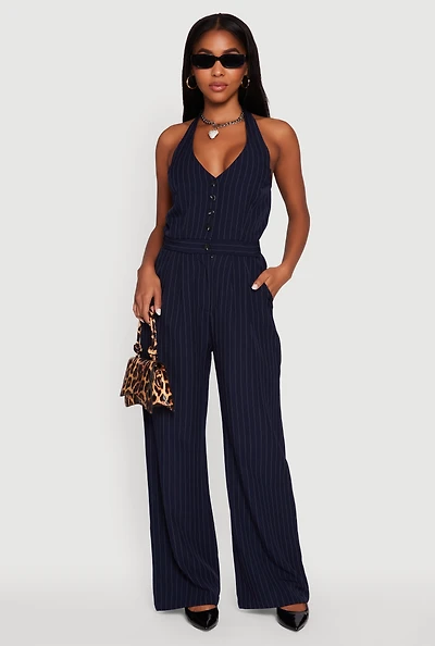 Womens Pinstripe Button Front Halter Jumpsuit, Blue, Size S