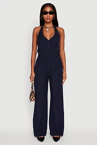 Womens Pinstripe Button Front Halter Jumpsuit, Blue, Size S