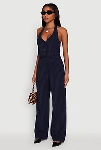 Womens Pinstripe Button Front Halter Jumpsuit, Blue, Size S