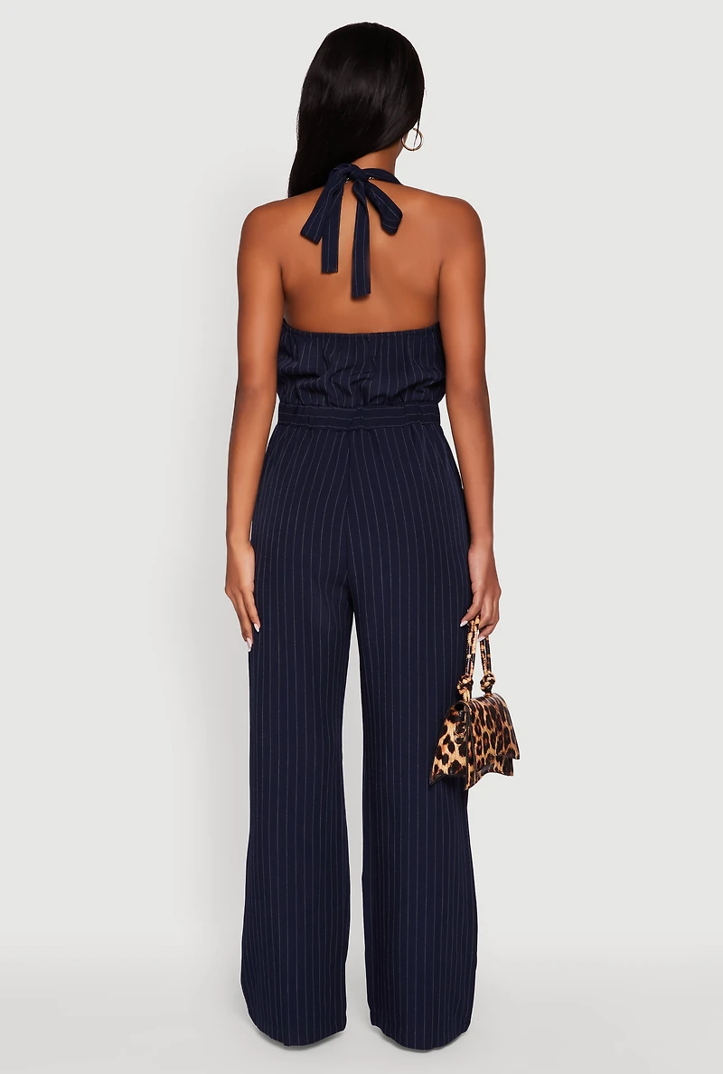 Womens Pinstripe Button Front Halter Jumpsuit, Blue,