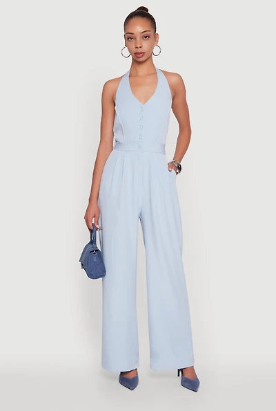 Womens Pinstripe Button Front Halter Jumpsuit,