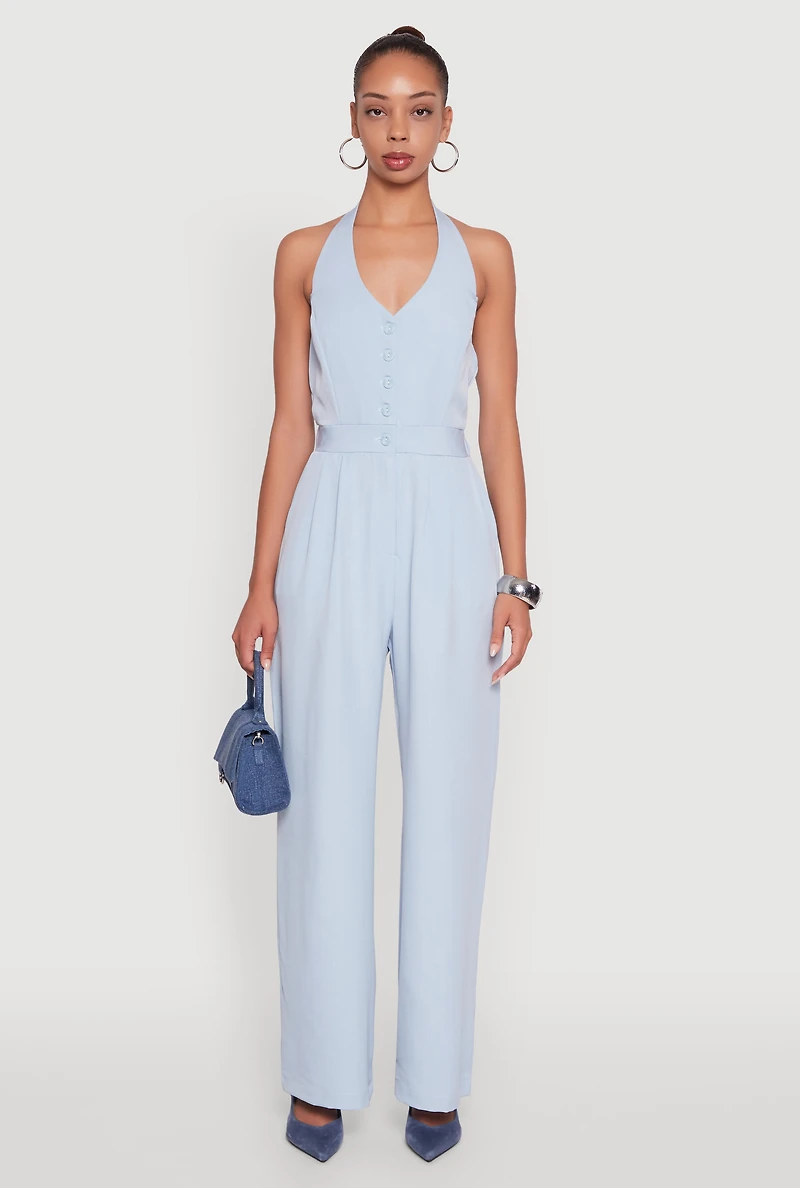 Womens Pinstripe Button Front Halter Jumpsuit, Blue, Size L