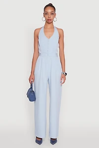 Womens Pinstripe Button Front Halter Jumpsuit, Blue, Size L