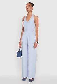 Womens Pinstripe Button Front Halter Jumpsuit, Blue, Size L