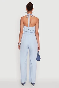 Womens Pinstripe Button Front Halter Jumpsuit, Blue, Size L