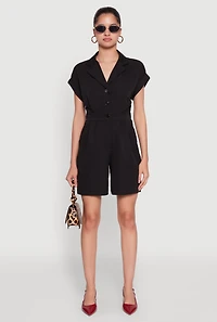 Womens Button Front Fixed Cuff Romper, Black, Size XL