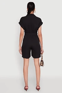 Womens Button Front Fixed Cuff Romper, Black, Size XL
