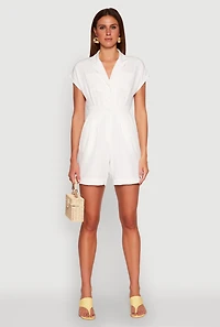 Womens Button Front Fixed Cuff Romper, White, Size M