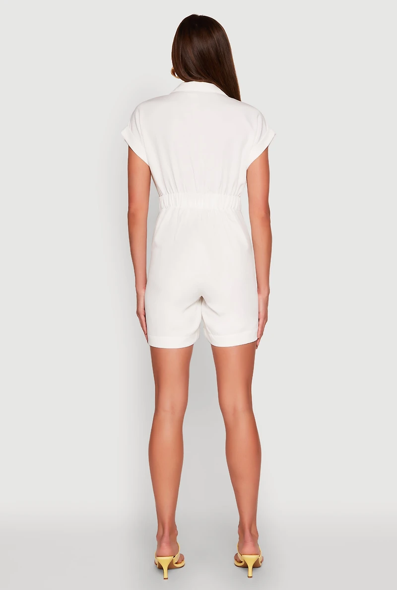 Womens Button Front Fixed Cuff Romper, White, Size M