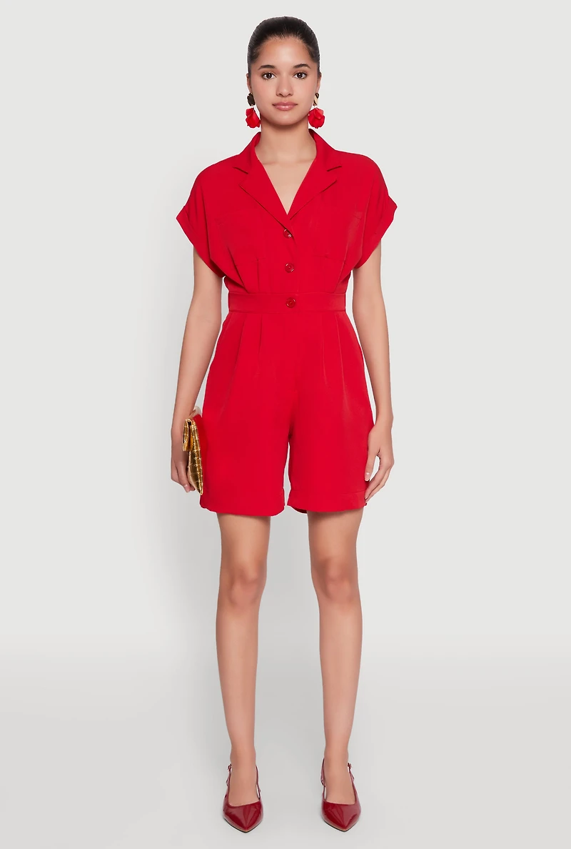 Womens Button Front Fixed Cuff Romper, Red,