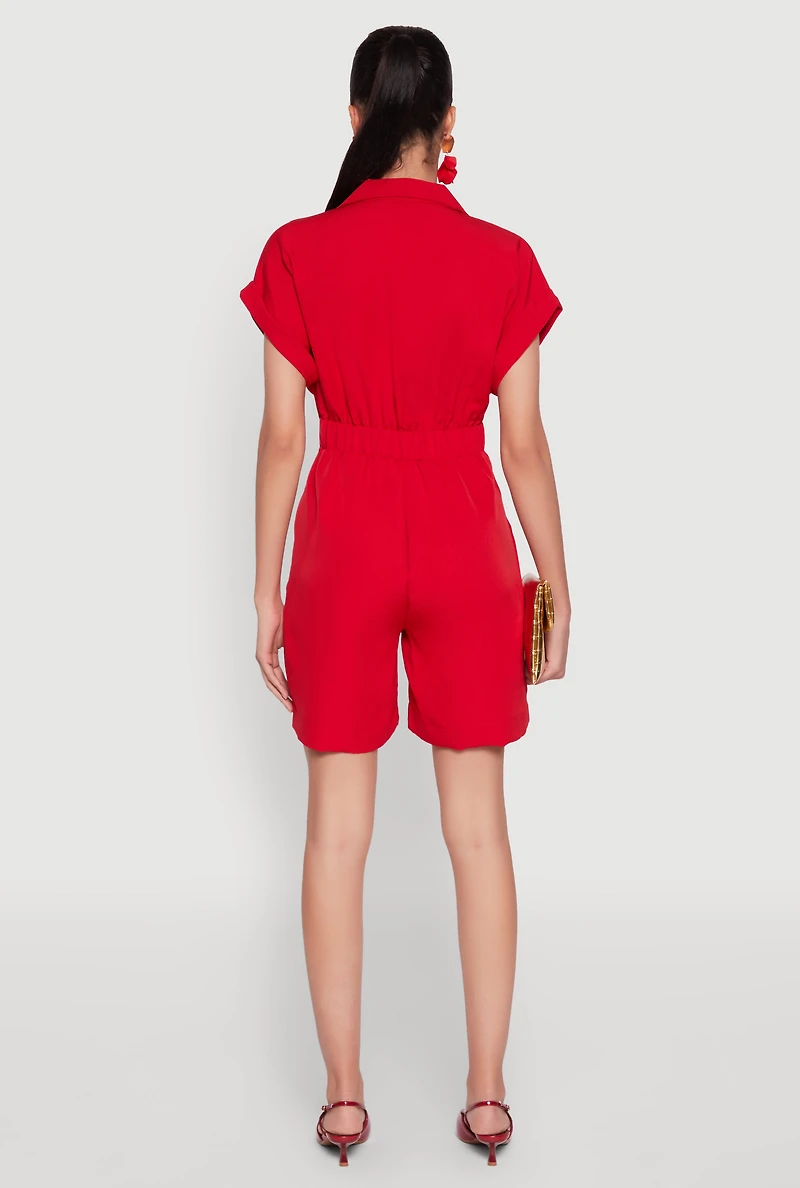 Womens Button Front Fixed Cuff Romper, Red,