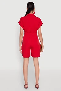 Womens Button Front Fixed Cuff Romper, Red,