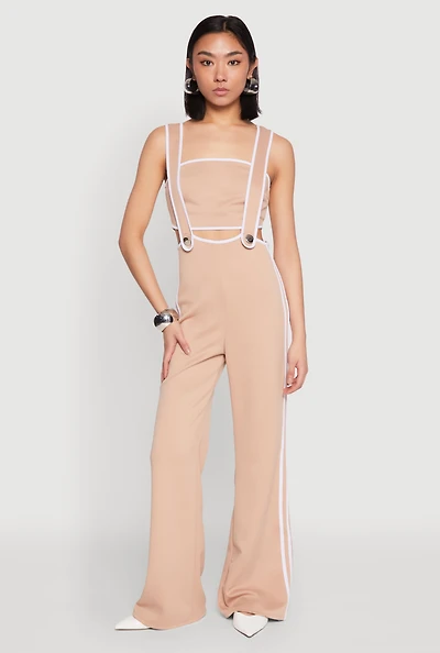 Womens Contrast Trim Suspender Pants with Bandeau Top, Khaki, Size L
