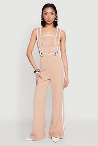 Womens Contrast Trim Suspender Pants with Bandeau Top, Khaki, Size M