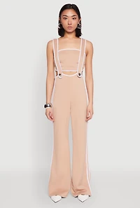 Womens Contrast Trim Suspender Pants with Bandeau Top, Khaki, Size M