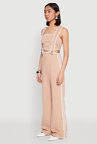 Womens Contrast Trim Suspender Pants with Bandeau Top, Khaki, Size M