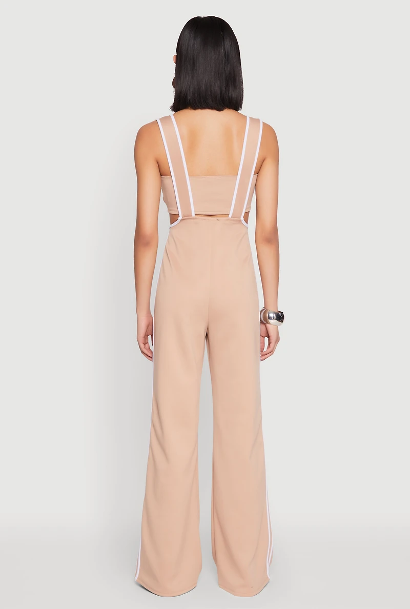 Womens Contrast Trim Suspender Pants with Bandeau Top, Khaki,