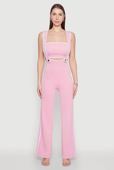 Womens Contrast Trim Suspender Pants with Bandeau Top, Pink, Size S