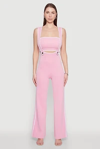 Womens Contrast Trim Suspender Pants with Bandeau Top, Pink, Size S