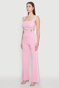 Womens Contrast Trim Suspender Pants with Bandeau Top, Pink, Size S