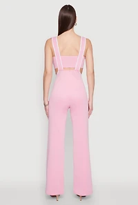Womens Contrast Trim Suspender Pants with Bandeau Top, Pink, Size S