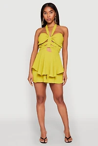 Womens Airy Ruffled Cut Out Halter Romper, Green, Size S