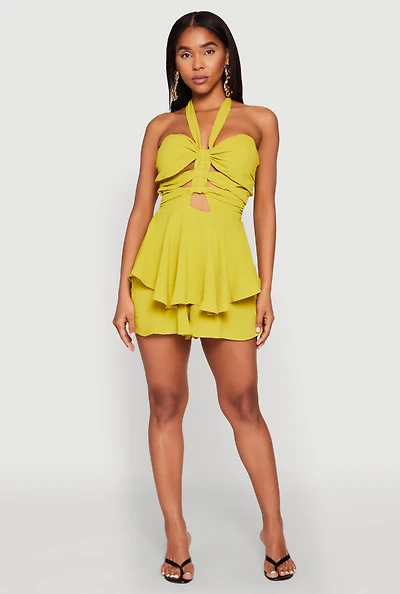 Womens Airy Ruffled Cut Out Halter Romper, Green, Size M