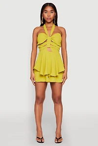 Womens Airy Ruffled Cut Out Halter Romper, Green, Size S