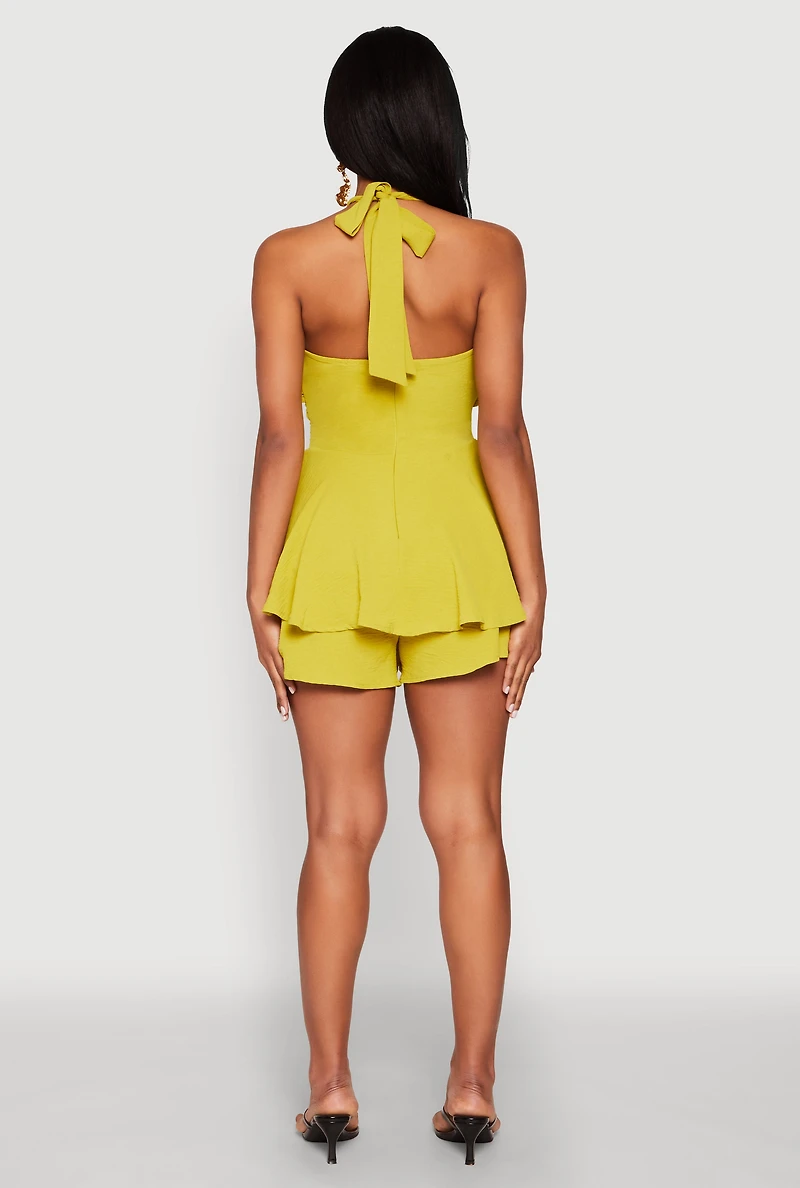 Womens Airy Ruffled Cut Out Halter Romper, Green, Size S