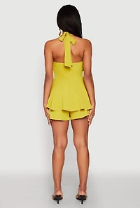Womens Airy Ruffled Cut Out Halter Romper, Green, Size S