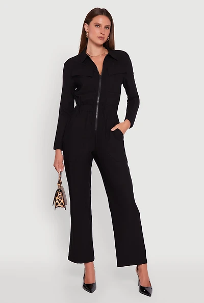 Womens Solid Long Sleeve Collar Jumpsuit with Flap Pockets, Black, Size XL