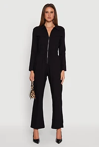 Womens Solid Long Sleeve Collar Jumpsuit with Flap Pockets, Black, Size XL