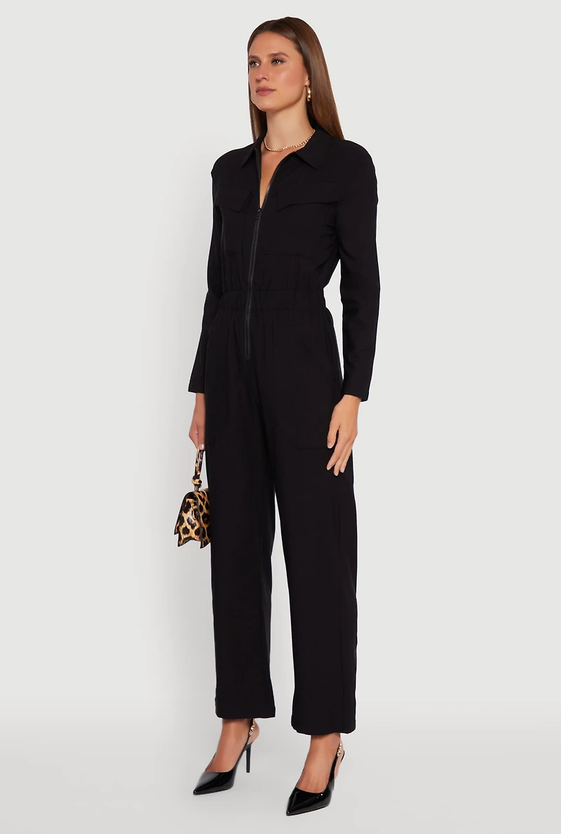 Womens Solid Long Sleeve Collar Jumpsuit with Flap Pockets, Black, Size XL