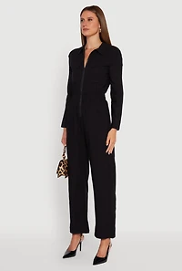 Womens Solid Long Sleeve Collar Jumpsuit with Flap Pockets, Black, Size XL
