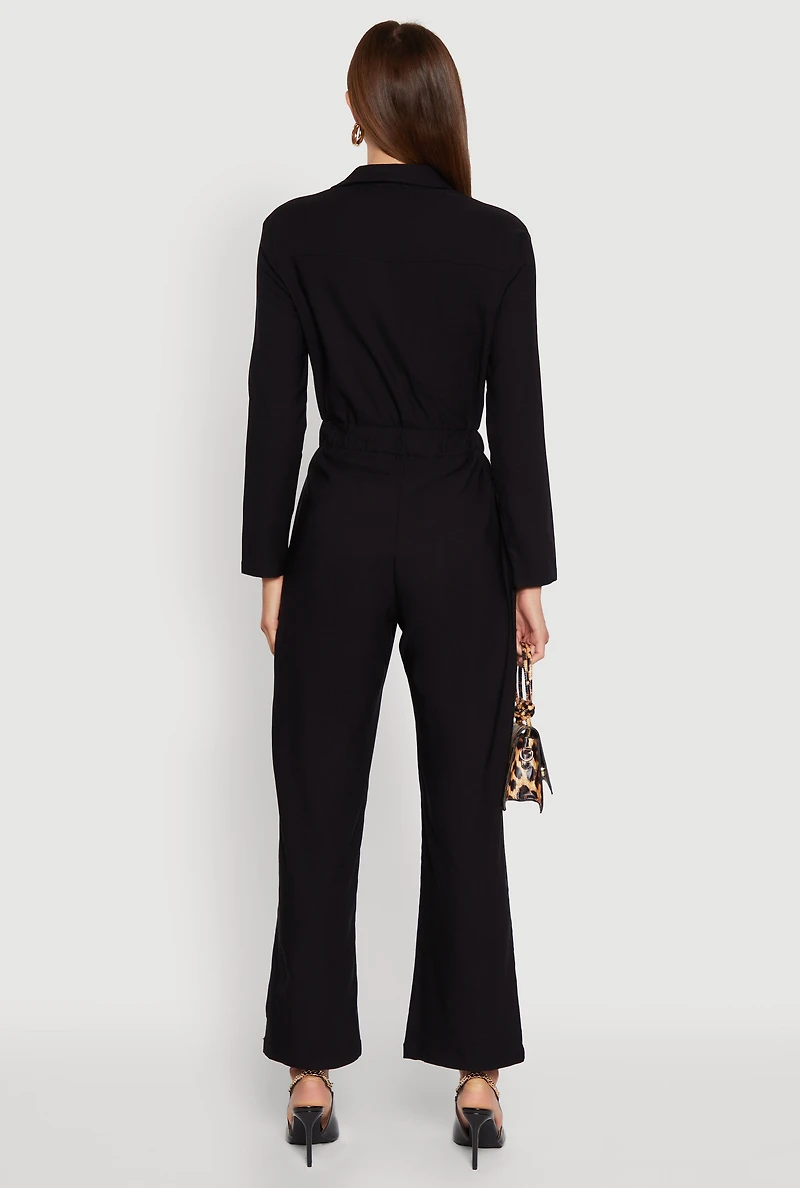 Womens Solid Long Sleeve Collar Jumpsuit with Flap Pockets, Black, Size XL