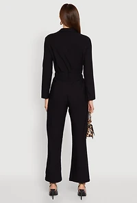 Womens Solid Long Sleeve Collar Jumpsuit with Flap Pockets, Black, Size XL