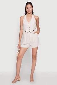 Womens Stylish Linen Pinstripe Halter Button Front Vest Romper, Beige, Size XL