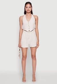 Womens Stylish Linen Pinstripe Halter Button Front Vest Romper, Beige, Size XL