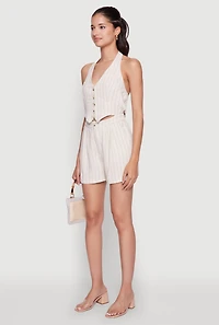 Womens Stylish Linen Pinstripe Halter Button Front Vest Romper, Beige,