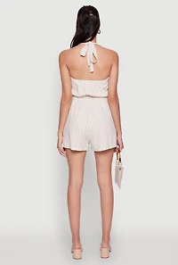 Womens Stylish Linen Pinstripe Halter Button Front Vest Romper, Beige, Size XL